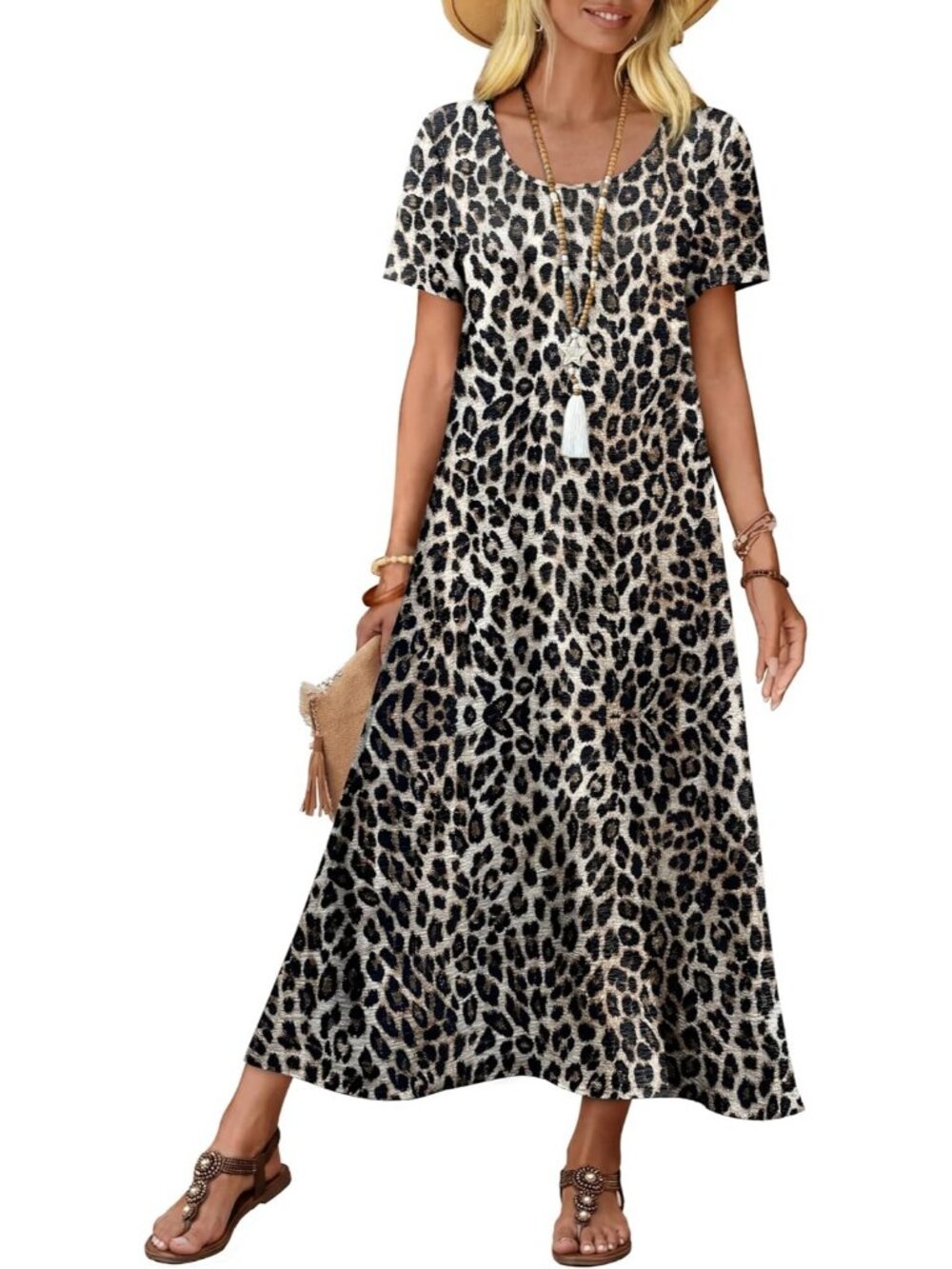 🆕 Women Dress Midi Leopard Polyester Crew Neck Short Sleeve Lightweight  Summer